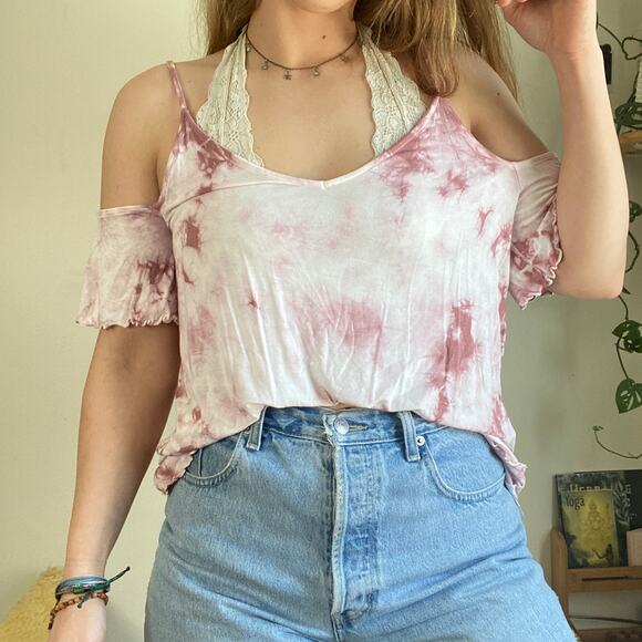 American Eagle Outfitters Tops - American Eagle Pink Tie Dye Cold Shoulder Top L